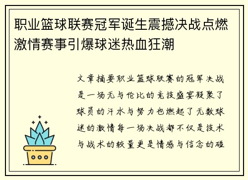 职业篮球联赛冠军诞生震撼决战点燃激情赛事引爆球迷热血狂潮