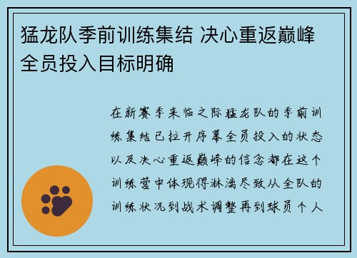猛龙队季前训练集结 决心重返巅峰 全员投入目标明确