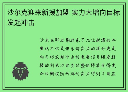 沙尔克迎来新援加盟 实力大增向目标发起冲击