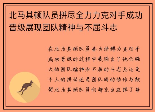 北马其顿队员拼尽全力力克对手成功晋级展现团队精神与不屈斗志