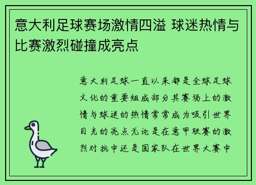 意大利足球赛场激情四溢 球迷热情与比赛激烈碰撞成亮点