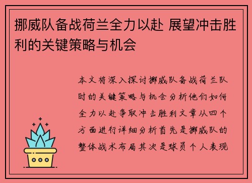 挪威队备战荷兰全力以赴 展望冲击胜利的关键策略与机会