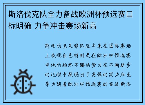斯洛伐克队全力备战欧洲杯预选赛目标明确 力争冲击赛场新高